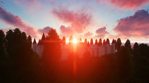 Vue aérienne de la fantastique ville médiévale au coucher du soleil