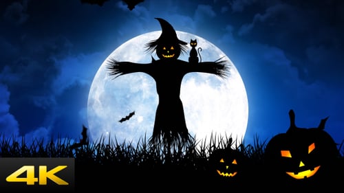 Spooky Halloween Night Animation with Scarecrow and Pumpkins