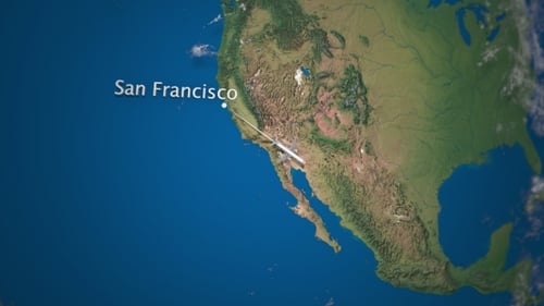 Route of Commercial Airplane Flying From San Francisco To Rio De Janeiro on the Earth Globe