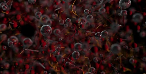 Chaotic Abstract Particle Movement with Red and Gold Spheres