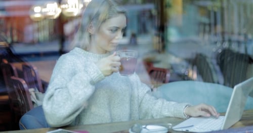 Woman Working on Laptop and Drinking Tea Indoors