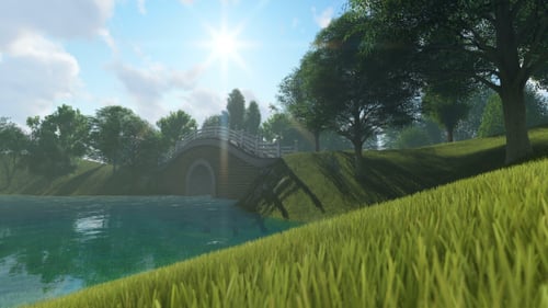 Peaceful Nature Landscape with Lake and Wooden Bridge