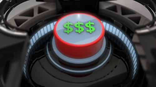 3D Red $ Dollar-Knopf gedrückt und leuchtend