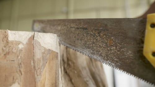 Carpenter Cutting Wood With Handsaw In Workshop