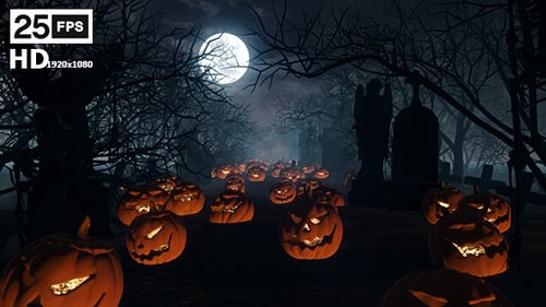 Halloween Jack-O'-Lanterns in Spooky Graveyard with Full Moon