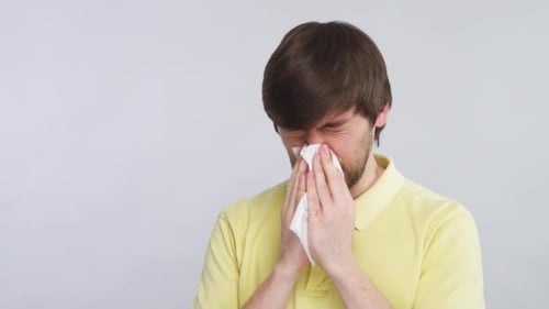 Man with Cold Blows His Nose Into Tissue Wearing Yellow Shirt Isolated on Grey