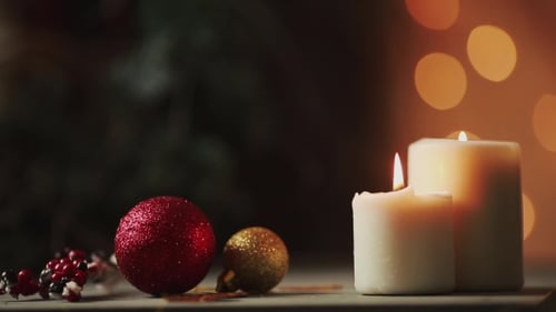 Holiday Decoration with Candles and Christmas Ornaments