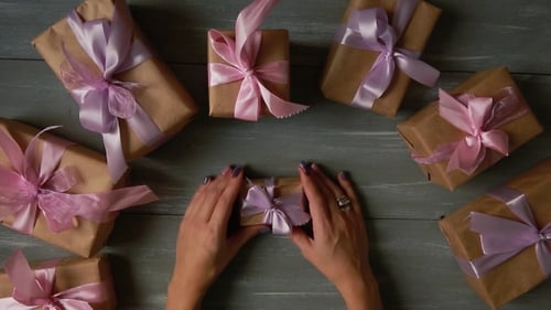 Fully Visible the Table with the Decorations Female Hands Put and Finalize
