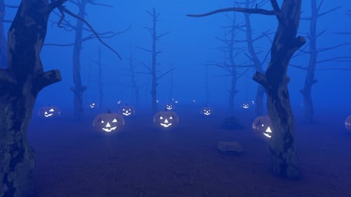 Eerie Halloween Forest with Glowing Jack-o'-Lanterns and Blue Fog
