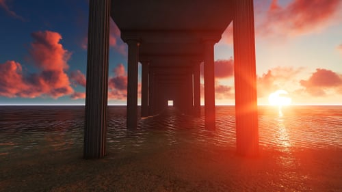 Digital Journey Under Pier with Pillars Towards Ocean Sunset