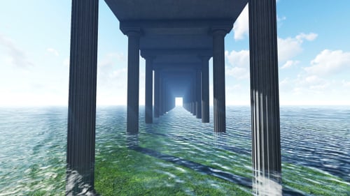 Journey Through Infinite Ancient Pillars Over Water
