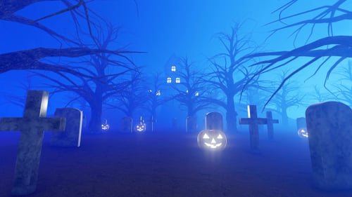 Spooky Halloween Graveyard with Haunted House and Jack-o'-Lanterns