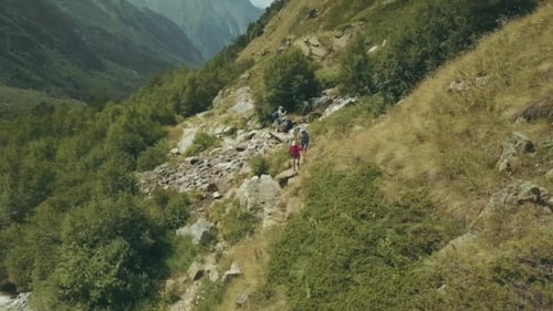 Aerial View Tourist Family Walking Along River Mountain and Making Photos