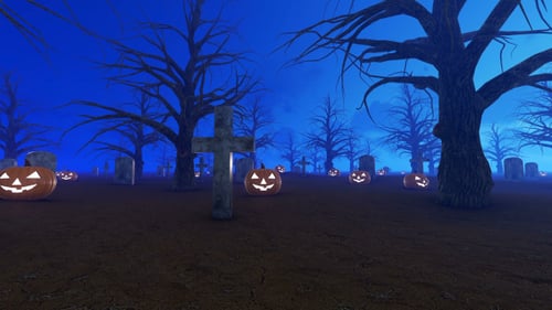 Animated Halloween Graveyard Scene with Jack-o'-Lanterns at Night