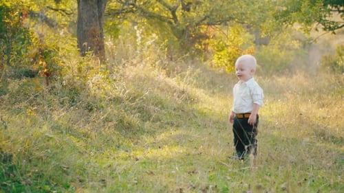 Happy Child Walking in Sunny Grassy Meadow