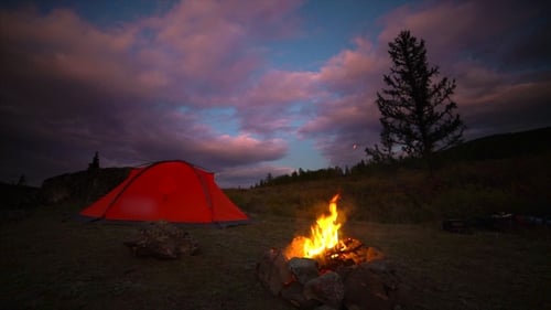 Camping with a Bonfire and a Sunset. Evening Time. the Backdrop of the Forest.