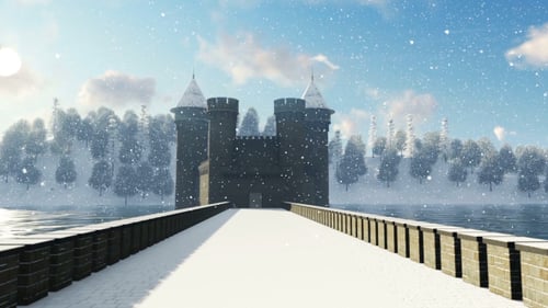 Vista frontal del castillo nevado