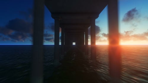Dynamic Ocean Sunrise Fly-Through Under Ancient Pillars