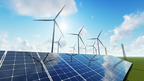 Renewable Energy Landscape with Solar Panels and Wind Turbines