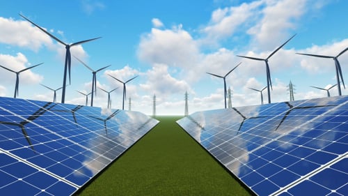 Clean Energy Landscape with Solar Panels and Wind Turbines