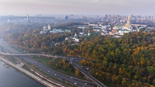 KIEV, UKRAINE October 19, 2017: Flight Over the Embankment of the City of Kiev, Ukraine