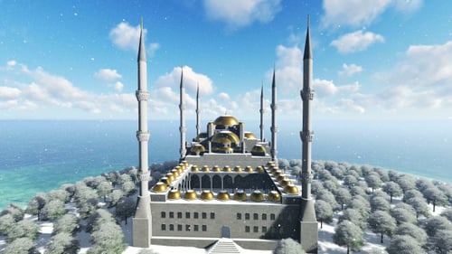 Aerial View of Snowy Mosque