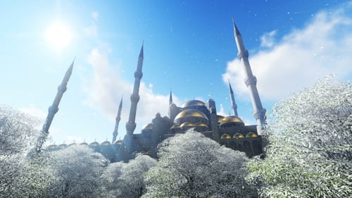 Snowy Mosque and Sun