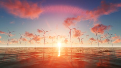 Ocean Wind Farm at Sunset with Rotating Turbines