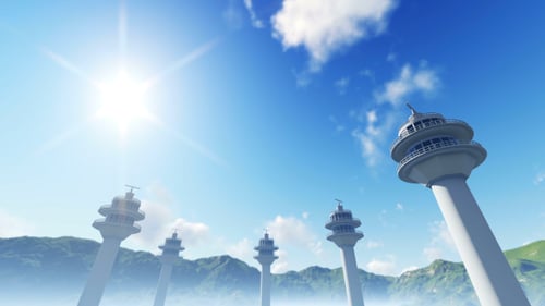 3D Communication Towers with Bright Sun in Blue Sky