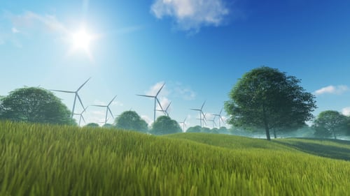 Sustainable Energy Wind Turbines in a Green Natural Landscape