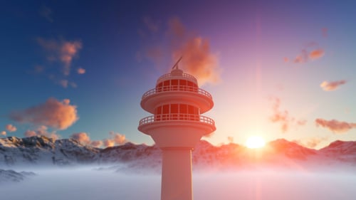 Radarturm bei Sonnenuntergang