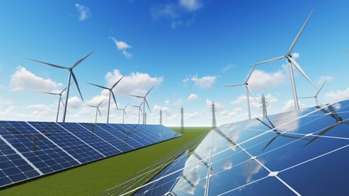 Renewable Energy Landscape with Solar Panels and Wind Turbines