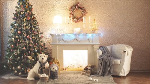 Christmas Room. Christmas Tree By the Fireplace