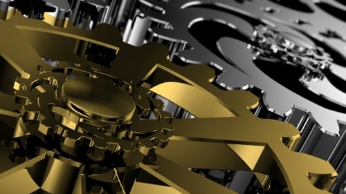 Seamless Loop of Gold and Silver 3D Gears Turning