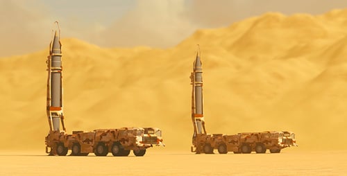 Military Missile Trucks Raising Launchers in Desert 3D Animation
