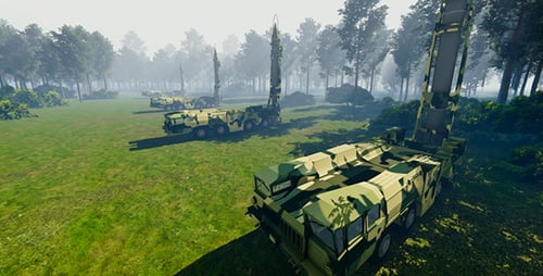 Military Missile Launchers Preparing to Launch in Forest