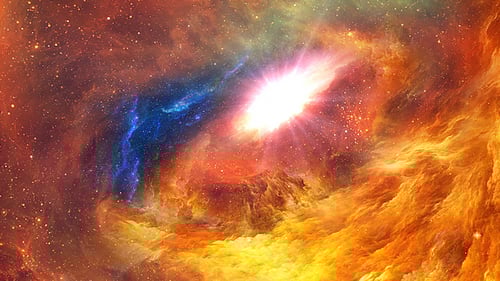 Bright Shining Star in Swirling Cosmic Nebula Space Background