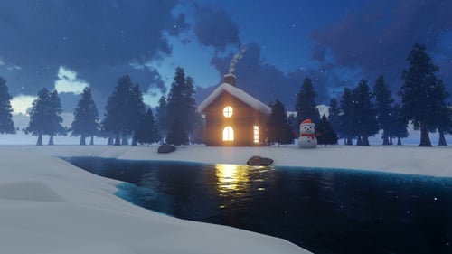 Winter Night Scene with Cozy Cabin and Snowman