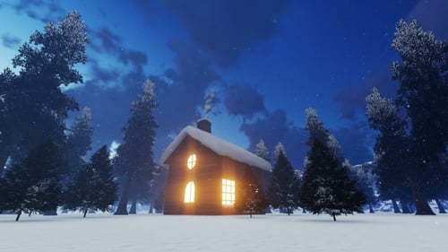 Cozy Snowy Cabin in Winter Forest at Christmas Night