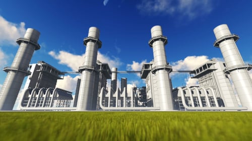 Industrial Power Plant Fly-Through Animation Under Blue Sky