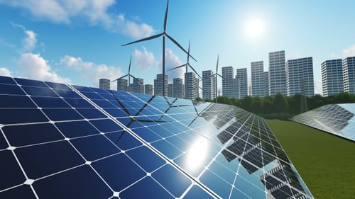 Clean Energy Cityscape with Solar Panels and Wind Turbines