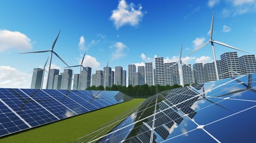 Sustainable Cityscape with Wind Turbines and Solar Panels