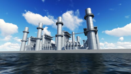 3D Animated Industrial Power Plant with Smokestacks Over Water