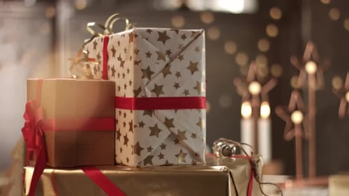 Festive Wrapped Christmas Presents with Red Ribbons