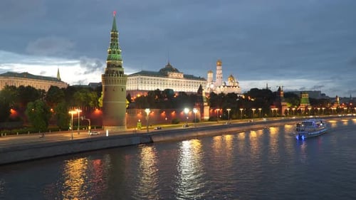 Pleasure Boats Sail Along the Moscow River Near the Kremlin Walls