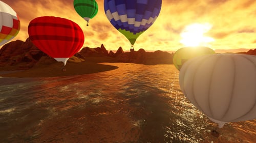Scenic Hot Air Balloons Flying Over Water at Sunset