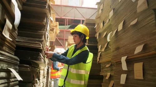 Arbeiterin in Uniform prüft hochwertige Lagerbestellungen, Lager der Papierfabrik.