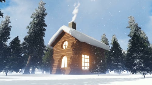Animated Cozy Winter Cabin in Snowy Forest with Falling Snow