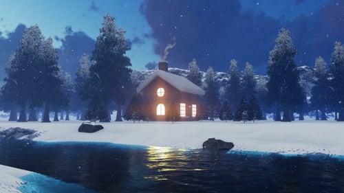 Animated Winter Night Landscape with Cozy Cabin and Flowing River