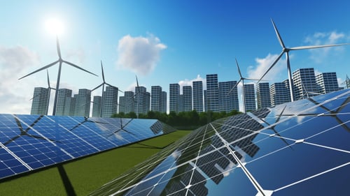 Clean Energy Cityscape with Solar Panels and Wind Turbines